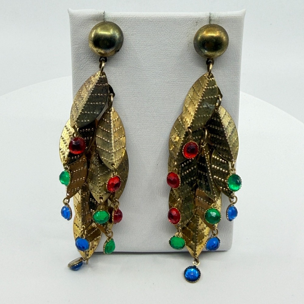 Multi-Color Rhinestone Leaf Drop Earring Gold Tone Statement Festival Dangle